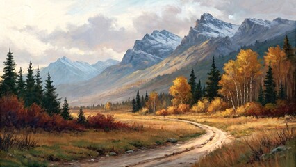 Naklejka premium Autumn Mountain Landscape Oil Painting with Scenic Path, Forest Trees, Colorful Foliage, and Snowy Peaks Wall Art Décor