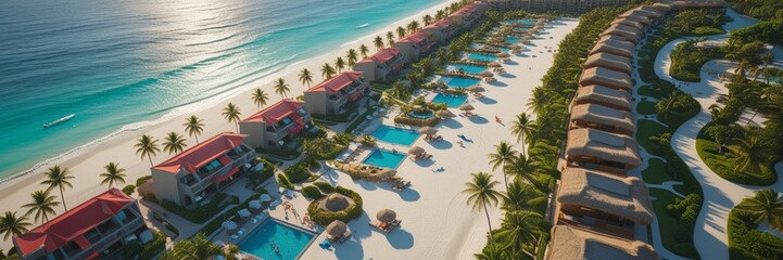 Naklejka premium Areal Top View of Tropical Beachfront Hotels and Seaside Villas Overlooking the Blue Sea