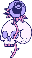 tattoo in traditional style of a skull and rose in bright neon color