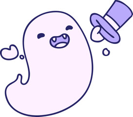 cartoon of a happy halloween ghost with top hat in bright neon color