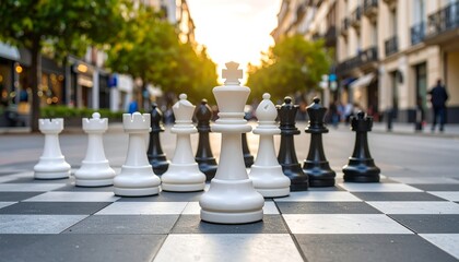 Chess set on city street at sunset