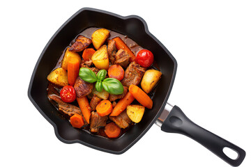 Hearty Beef Stew With Potatoes Carrots And Tomatoes In Pan meat 1