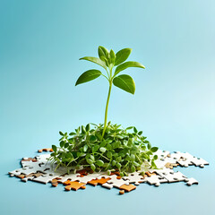 A small plant sprouts from puzzle pieces, symbolizing growth and problem-solving.  
