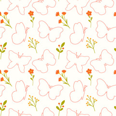 Seamless vector pattern with outlines of butterflies and flowers. Ideal for spring and summer designs, kids products and prints.