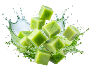  “Dynamic Splash with Sweet Green Melon Cubes and Drops, Transparent PNG”.