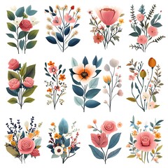 
Beautiful romantic flower collection with roses, leaves, floral bouquets, and flower compositions. Notebook covers