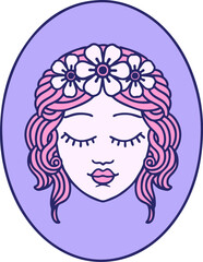 tattoo in traditional style of a maiden with eyes closed in bright neon color