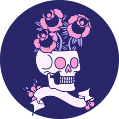 tattoo style icon with banner of a skull and roses in bright neon color