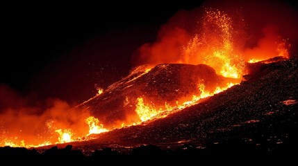 Powerful Nighttime Volcanic Eruption with Fiery Lava Flows and Dramatic Smoke Clouds