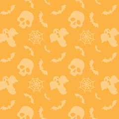 Halloween seamless pattern with bat, skull, ghost and spider web. Spooky pattern for wrapping paper, textile prints, wallpapers. Vector illustration.