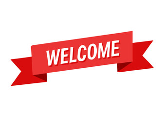 Wellcome red banner ribbon. Label icon, top bookmark. Vector on isolated white background.	