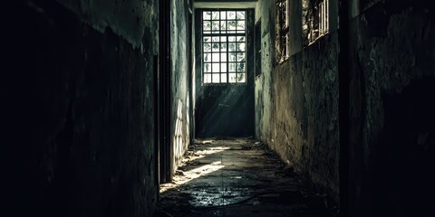 Faint music from a distant window echoes through the narrow, shadowy passage