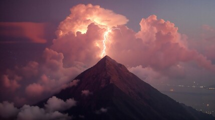 Lightning Strikes a Dark Pyramid Mountain Amidst Dramatic Pink and Purple Cloudscape