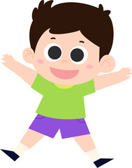 Smiling Boy Jumping with Arms Raised Illustration. Cute Hairstyle, Wearing Shorts, Kids Vector Illustration.