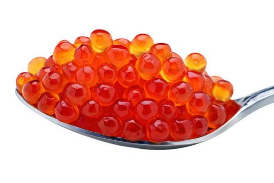 Red Caviar Roe on a Silver Spoon Against fish eggs