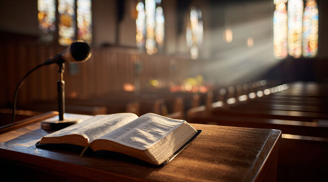 Bible services in the church on the background of the cross. An open Bible in the pulpit of the church.