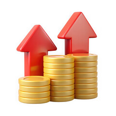 3d three stacks of gold coins with red upward arrows isolated on transparent background	