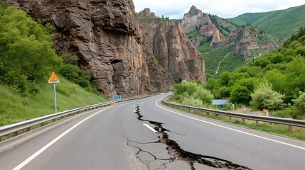 Cracked Mountain Road: Nature vs. Infrastructure Amidst Lush Greenery and Rocky Cliffs