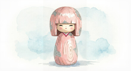 Traditional Japanese Kokeshi doll in watercolor illustration with worn paint and aged wood texture on white background with copy space