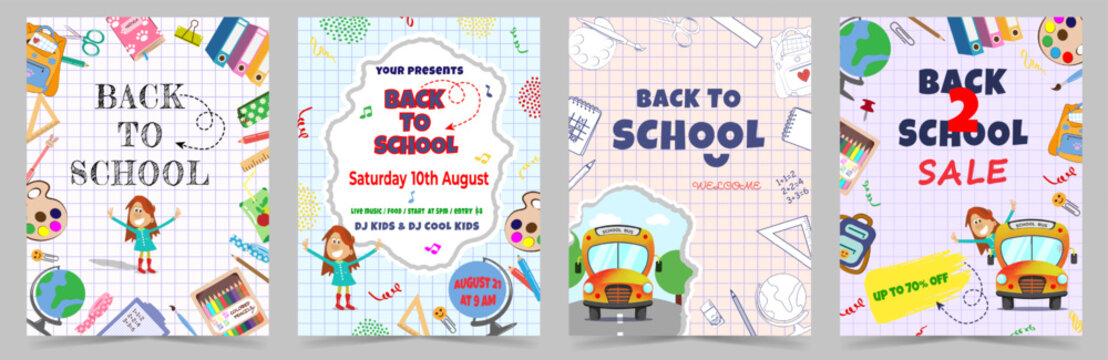 Set of colorful BACK TO SCHOOL Flyers with cartoon school bus, kids, supplies, discount banners and event dates. Ideal for school promotions, invitations, or classroom decorations. Vector illustration
