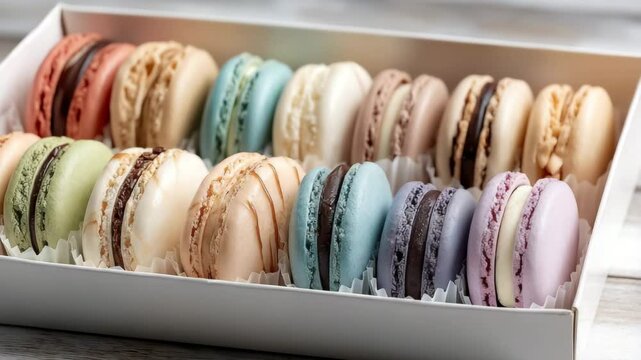 An assortment of colorful and delicious macarons in a gift box. Ideal for pastry shops, holidays and sweet gifts. Close-up of rows of colorful French macarons.