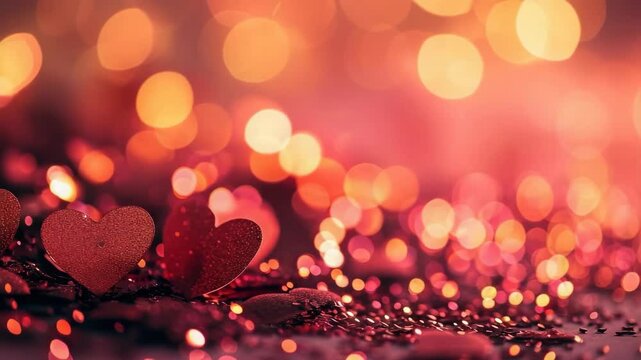 Bokeh lights background with red hearts, love and romance concept, festive holiday backdrop, celebration.