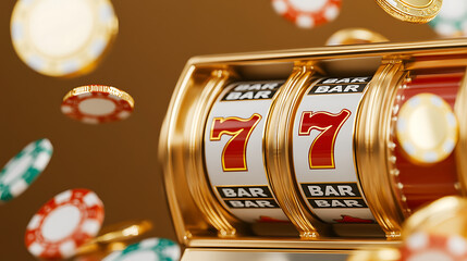 Slot machine reels showing two 7s and the word bar with several poker chips on a golden background, indicating a gambling theme.