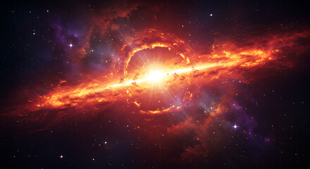 A vibrant cosmic explosion, fiery nebulae and intense energy radiating outward in space.