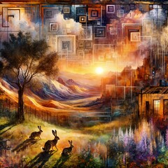 “Rabbits frolic through a vivid dreamscape, as a glowing sunset meets distant peaks and surreal geometry weaves through nature.”