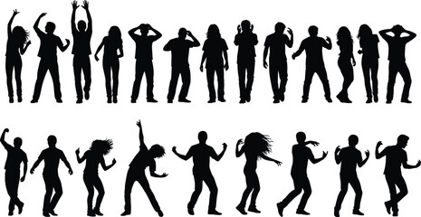 Diverse Group of People Silhouettes, Happy and Energetic Individuals, Celebrating, Dancing, Youth, Excitement, Fun, Party, Movement, Joyful Crowd