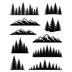Obraz premium Collection of black pine tree and mountain silhouettes