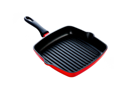 Red Square Grill Pan with Handle on cooking kitchen