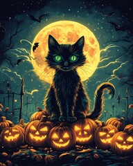 Fototapeta premium Mysterious Black Cat with Glowing Green Eyes and Halloween Pumpkins