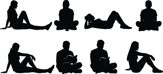 People Sitting and Relaxing Silhouettes, Diverse Poses, Reading, Downtime, Leisure, Comfort, Contemplation, Serenity, Quiet Moments, and Personal Space