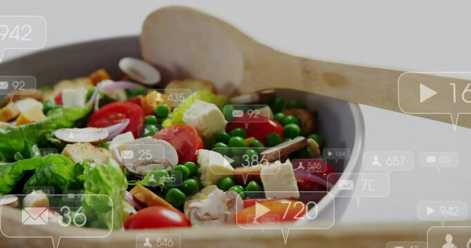 Social media icons appearing floating over salad bowl while counts rising showing engagement growth