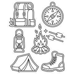 Obraz premium Black and white line art vector set of six camping icons including backpack, compass, lantern, campfire, tent, and boot for coloring book