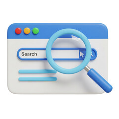 3D search engine browser window with a magnifying glass icon for SEO. Isolated on transparent background, png