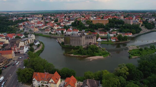 Aerial view around the old town in the city Bernburg on an sunny spring day in Germany	