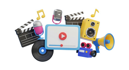 Multimedia and content creation concept with video player and camera. Isolated on transparent background, png