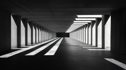 Sunlit concrete corridor; architectural design; shadows; modern building; interior design