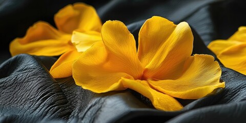 Gentle contrast of vivid yellow petals against deep leather and pale fabric
