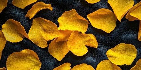 Gentle contrast of vivid yellow petals against deep leather and pale fabric