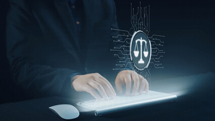 Futuristic digital law interface displaying justice scale, highlighting digital law, AI compliance,...