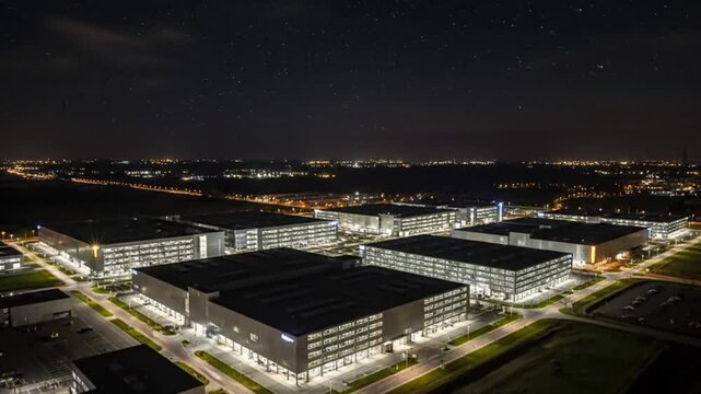 Aerial hyper lapse of a large scale data center at dusk in MiddenMeer, NorthC Middenmeer Data Center &ndash; Middenmeer