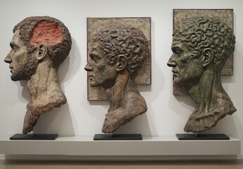 Three bas-relief busts, profile views, varying earth tones