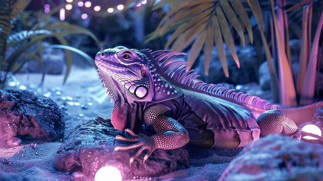 Fantasy iguana: electric scale, digital glow, vibrant reptile, surreal lizard, colorful tropic, ambient creature, mystical fauna, jungle sparkle, hyperreal animal, trippy forest, sci-fi style