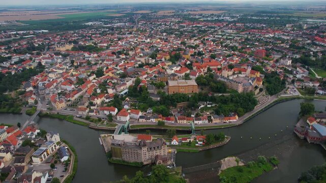Aerial view around the old town in the city Bernburg on an sunny spring day in Germany	