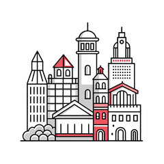 Naklejka premium Collection of city building outlines and architectural silhouettes against a clean white background isolated on white background