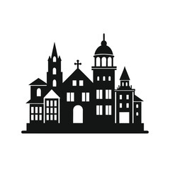 Collection of urban building silhouettes in black and white isolated on white background