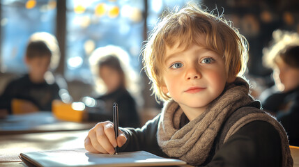 Young child with blonde hair, bright blue eyes, sitting at a classroom desk, holding a pen above an open notebook, The background is softly blurred, featuring other children at desks, copy space, 16:9